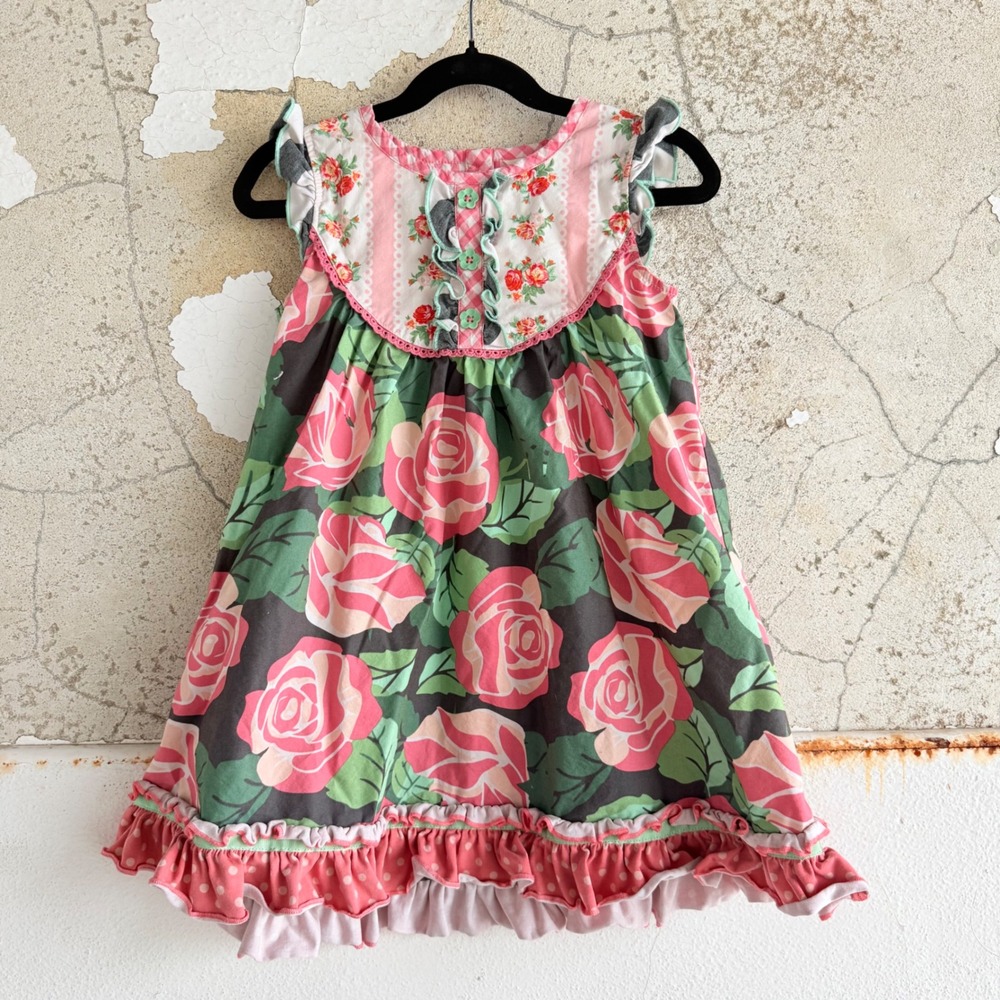 Matilda Jane Dress Floral Gingham Ruffles Pink Green Girls 6